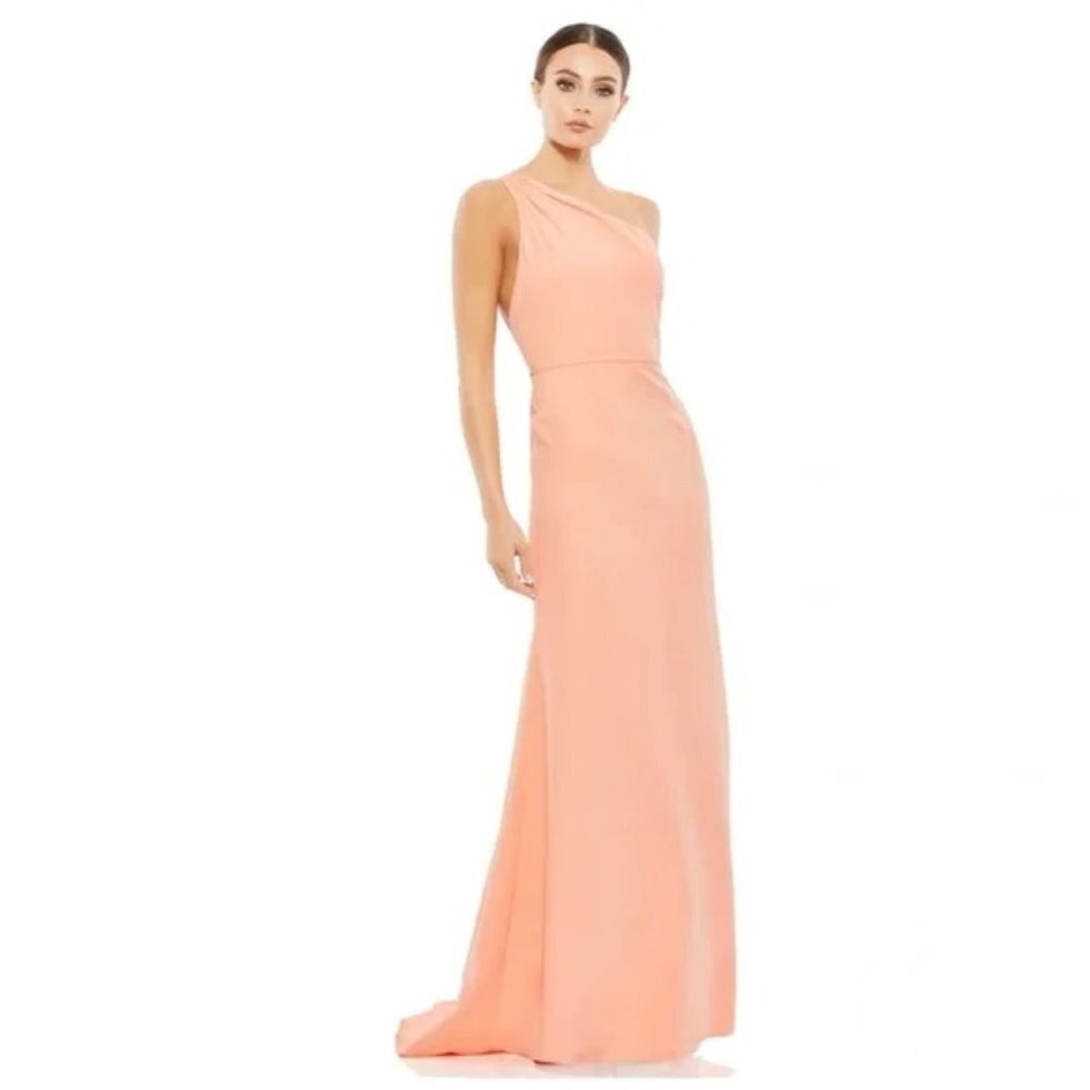 Ieena Mac Duggal Peach One-Shoulder Jersey Mermaid Gown